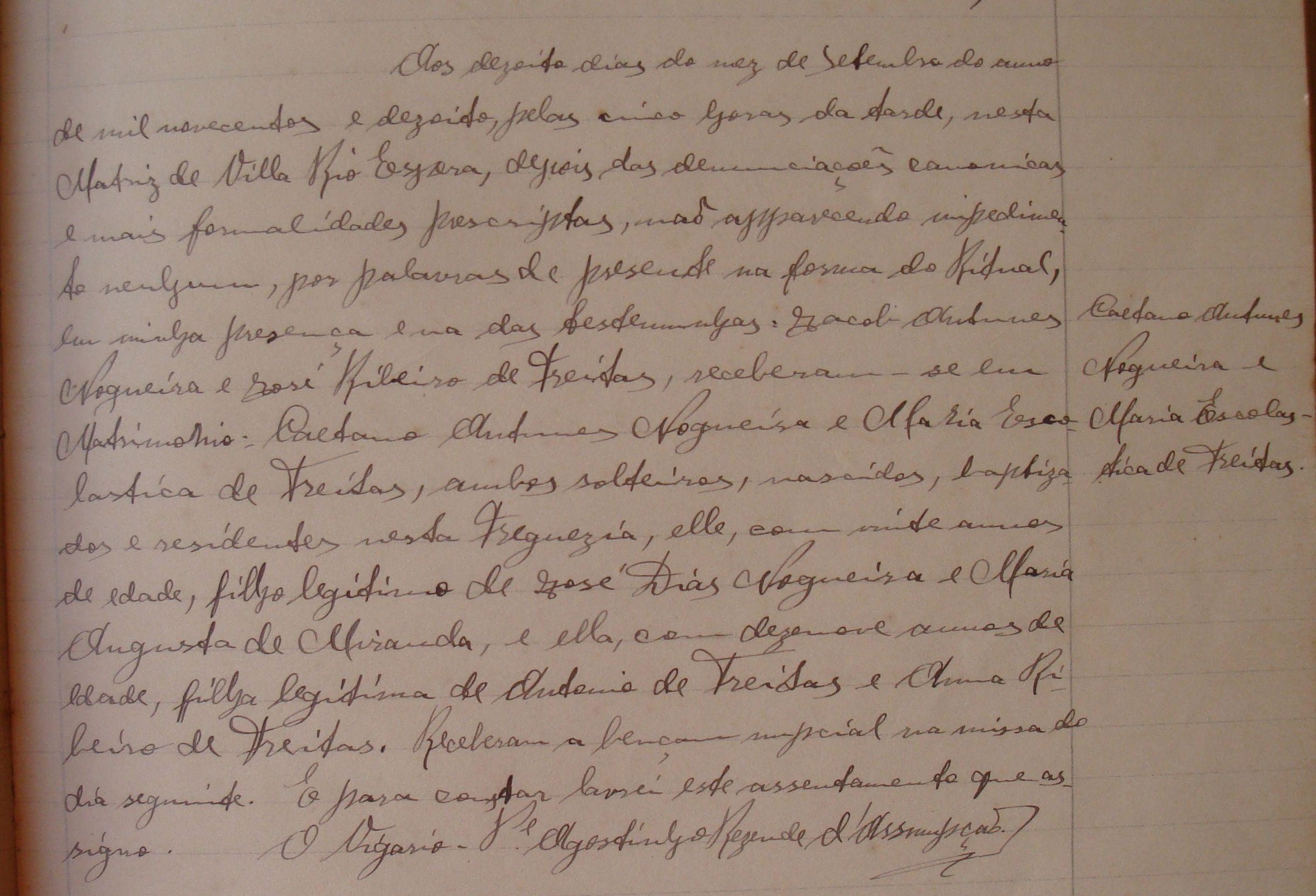 Assento paroquial do casamento de Caetano Antunes Nogueira e Maria Escolástica de Freitas, 1918