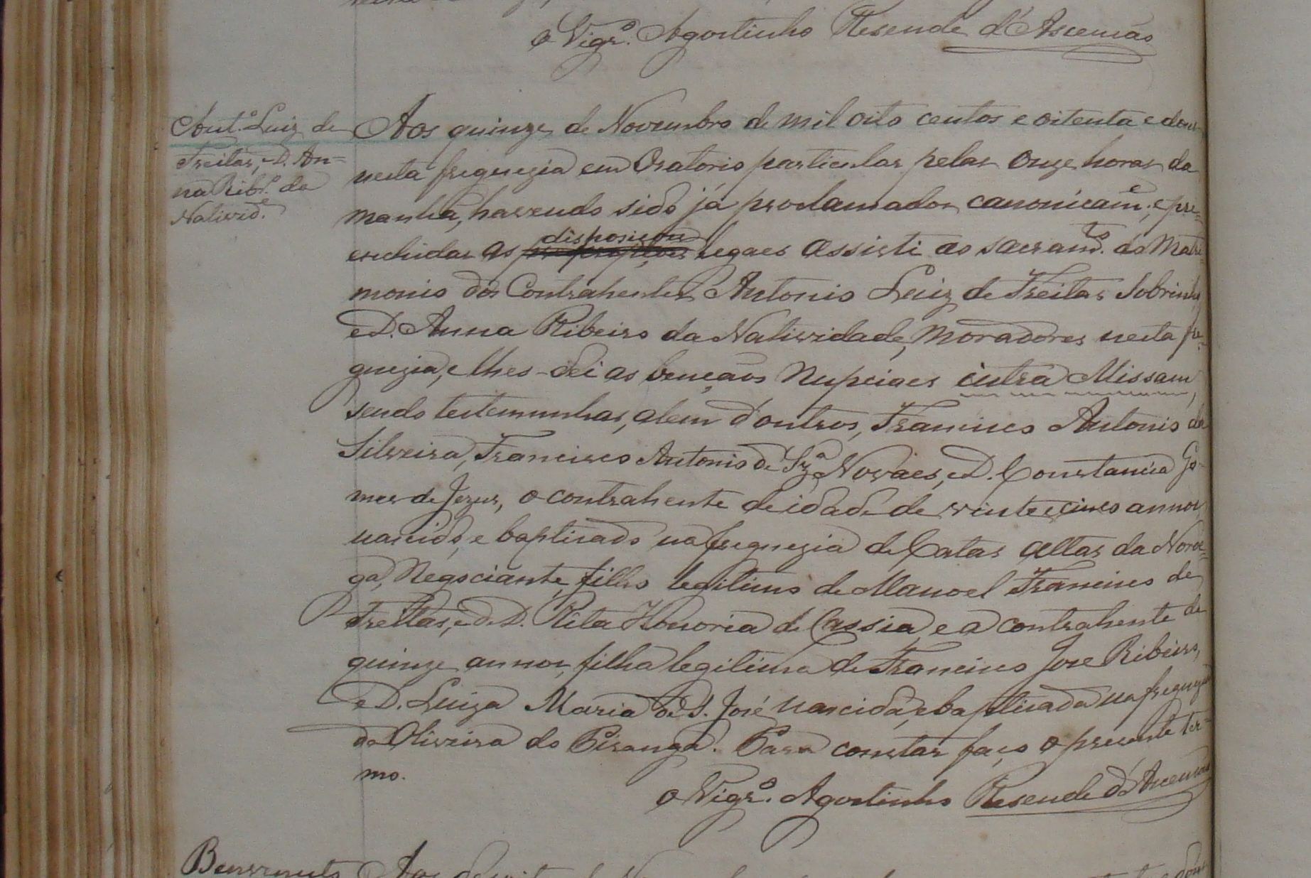 Registro do casamento de Antônio Luiz de Freitas Sobrinho e Anna Ribeiro da Natividade, em 1882