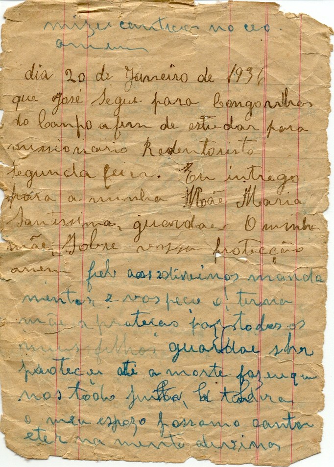 Página manuscrita por Dona Zica em 20 de janeiro de 1936