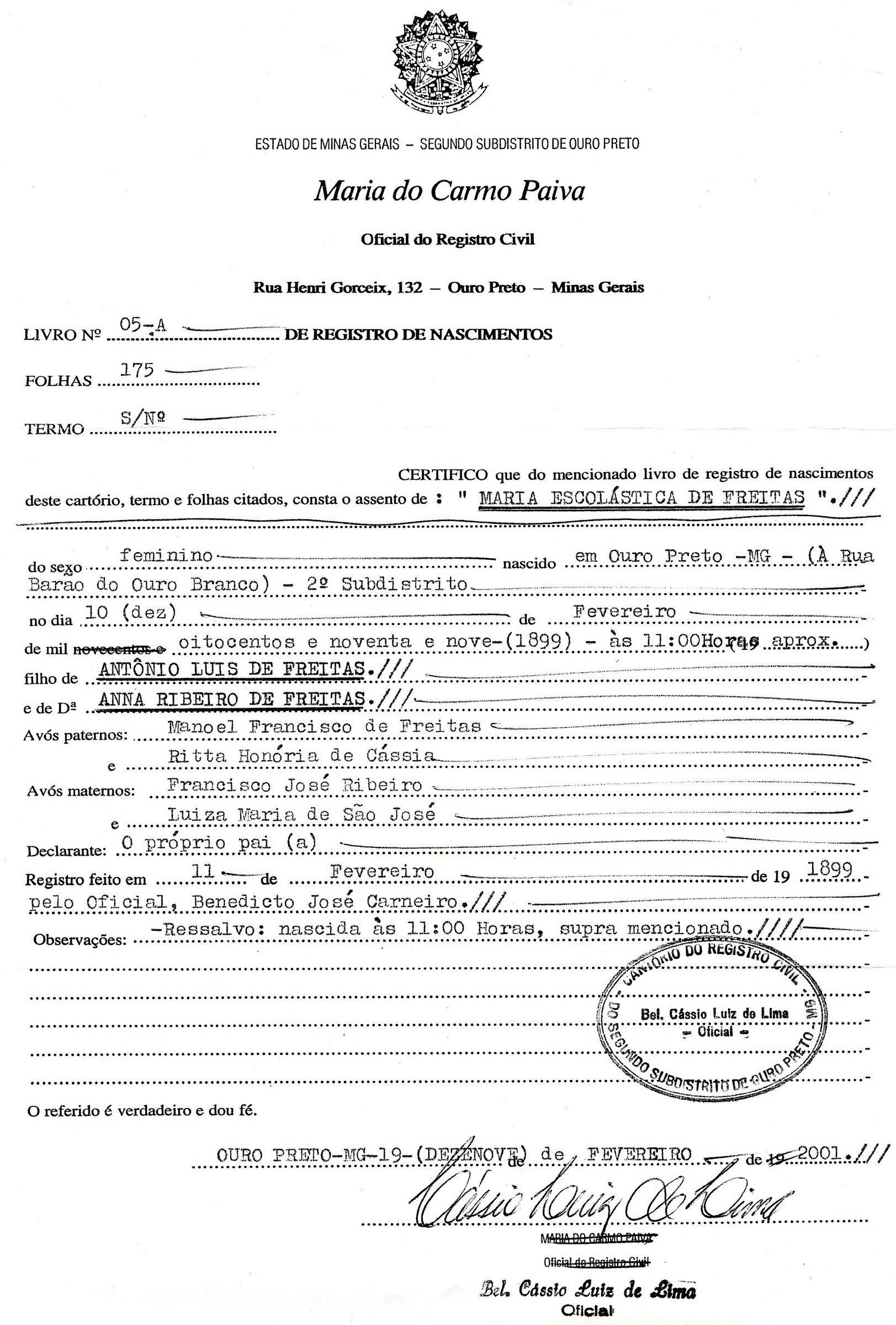 Registro de nascimento de Maria Escolástica de Freitas, Ouro Preto, 1899