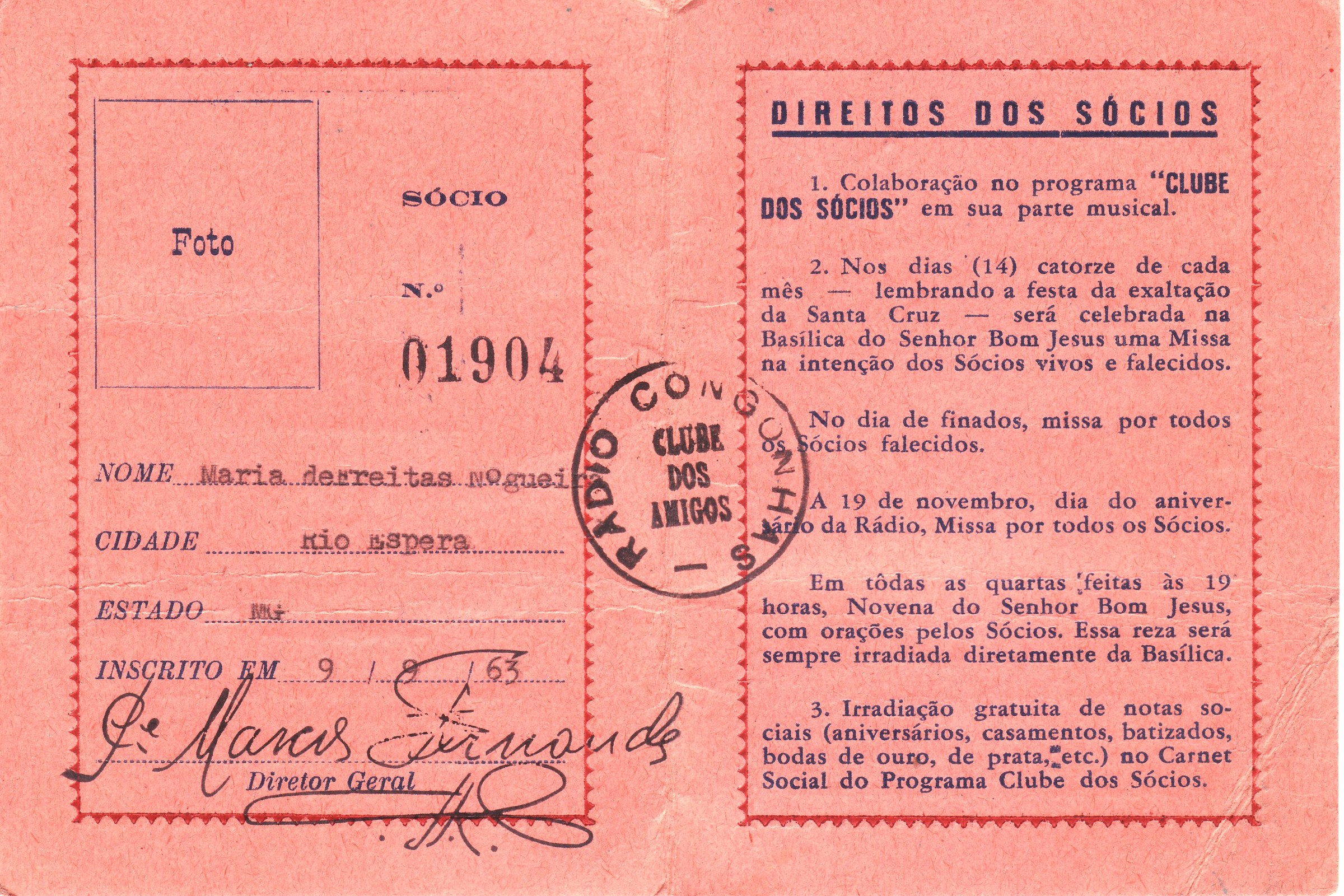 Carteira de sócia da Rádio Congonhas de Maria de Freitas Nogueira, 1963, frente
