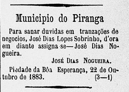 Anúncio de 1883 em que José Dias Lopes Sobrinho declara que passaria a assinar José Dias Nogueira