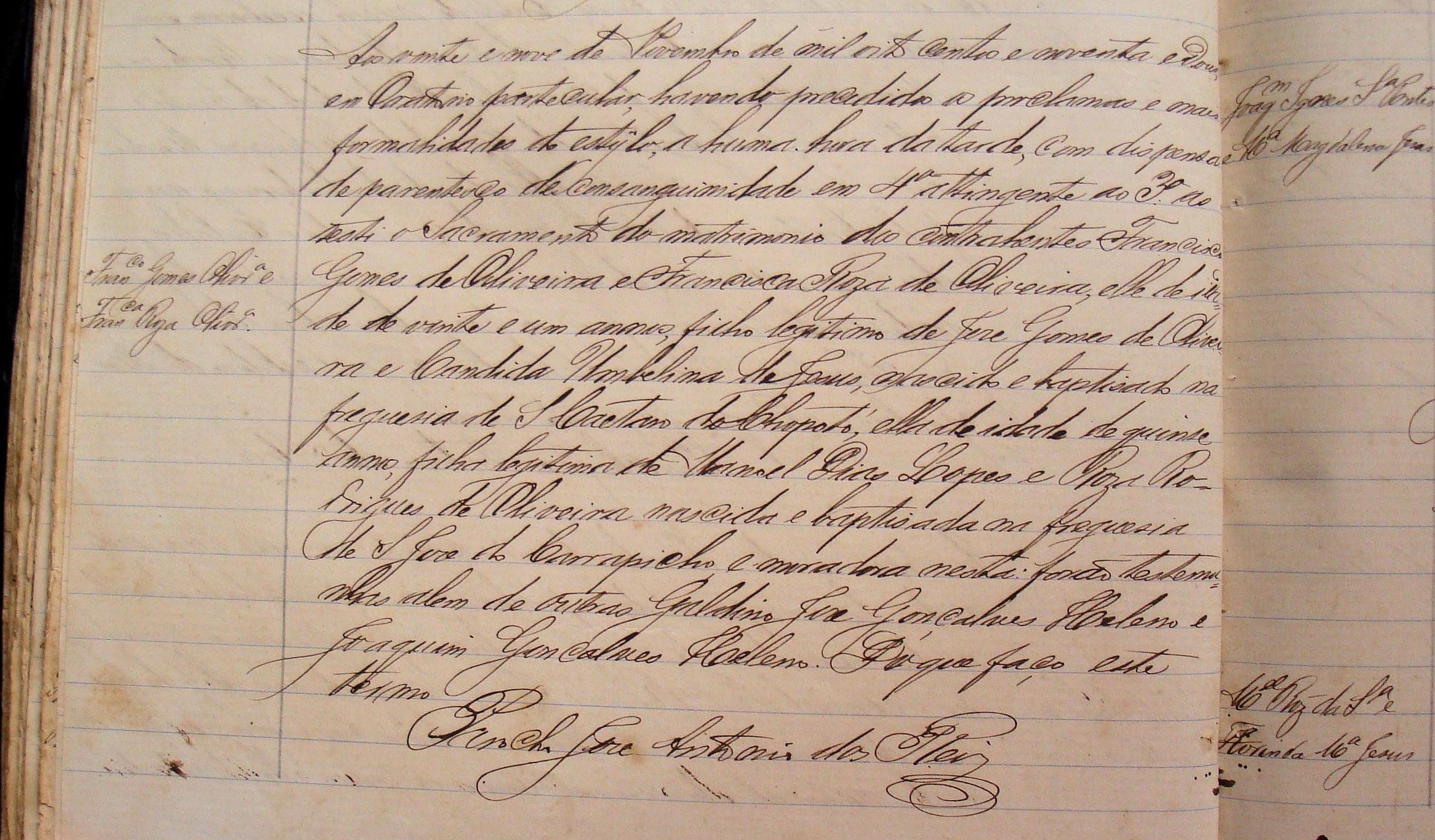 Registro de casamento de Francisca Roza de Oliveira e Francisco Gomes de Oliveira